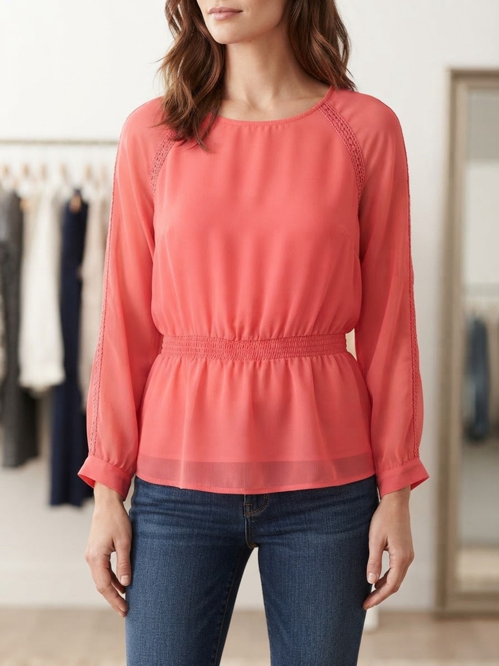 New York & Company Coral Chiffon Long Sleeve Blouse with Crochet Trim
Size L